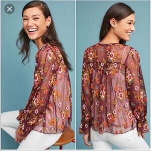 Anthropologie Feather Bone Sheer Floral Embroidered Top Size XS